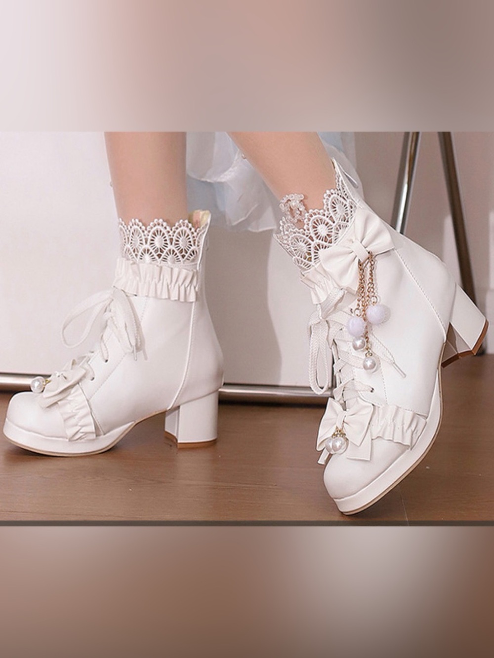 Lolita Elegant White Lace-Up Ankle Boots with Bow and Pearl Charms